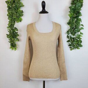 New York & Company Gold Metallic Knit Blouse top Scoop Neck Long Sleeve Medium